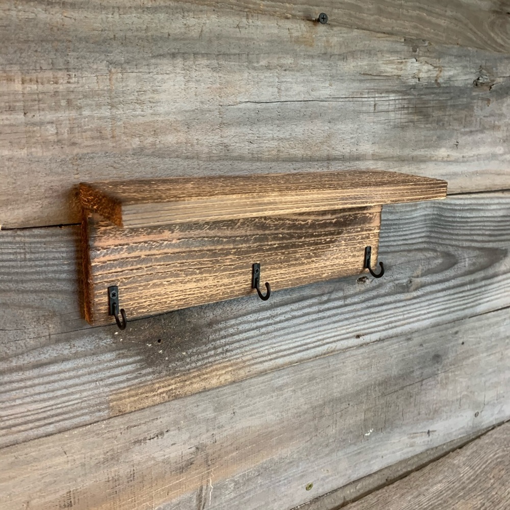Rustic Wooden Shelf With Hooks - Picture 2 of 3